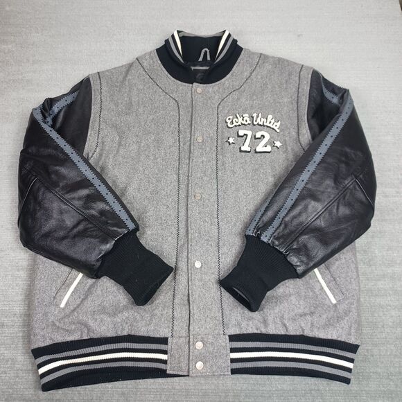 Ecko Unlimited Other - Vintage Ecko Varsity Jacket Mens XXL Gray Leather Sleeves Large Back Logo 72 Y2K